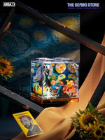 Vincent Van Gogh LEGO set from the Inspiration from Art BOX series by Area-X with on top of an empty frame with 'Starry Night' in the background.