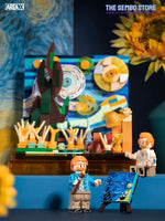 Vincent Van Gogh LEGO set from the Inspiration from Art BOX series by Area-X with a Van Gogh minifigure painting Starry Night in the foreground. 