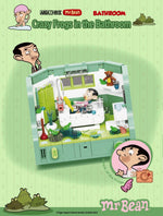 "Crazy Frogs in the Bathroom" Mr. Bean LEGO set by Area-X on a striped green background wi h the text "Crazy Frogs in the Bathroom" at the top. 