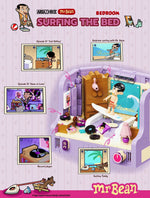 Mr. Bean LEGO set by Area-X on a striped purple background with Mr. Bean surfing on the bed. 