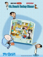 "Mr. Bean's Turkey Dinner" Mr. Bean LEGO set by Area-X on a striped blue background wi h the text "Mr. Bean's Turkey Dinner" at the top. 