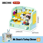 "Mr. Bean's Turkey Dinner" Mr. Bean LEGO set by Area-X on a white background with measurement lines and dimensions written in millimetres. 