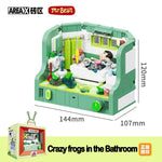 "Crazy Frogs in the Bathroom" Mr. Bean LEGO set by Area-X on a white background with measurement lines and dimensions written in millimetres. 