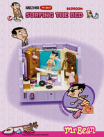 "Surfing the Bed" Mr. Bean LEGO set by Area-X on a striped pink background wi h the text "Surfing the Bed" at the top. 