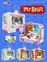 Mr. Bean® LEGO sets on a blue poster with the Mr. Bean logo in the top right hand corner. 