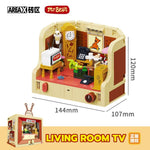 "Living Room TV" Mr. Bean LEGO set by Area-X on a white background with measurement lines and dimensions written in millimetres. 