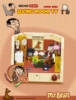 "Living Room TV" Mr. Bean LEGO set by Area-X on a striped tan background wi h the text "Living Room TV" at the top. 