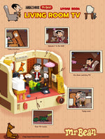 Mr. Bean LEGO set by Area-X on a striped tan background with Mr. Bean sitting on a chair.