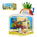 SpongeBob's pineapple house LEGO set by Area-X on a white background with the box packaging in the upper left corner 